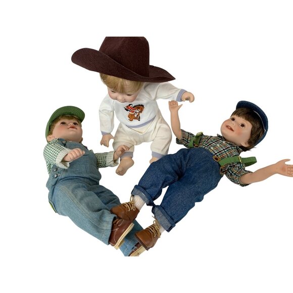 VTG 90s Danbury Mint Americana Farm Porcelain Bendable Dolls Set Of 3 L10133 - Picture 1 of 7